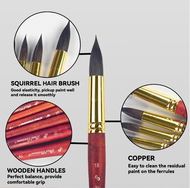 Paul Cezanne High Quality Squirrel Hair Paint Brushes Set (10 pcs) For Watercolour Gouache Ink Painting