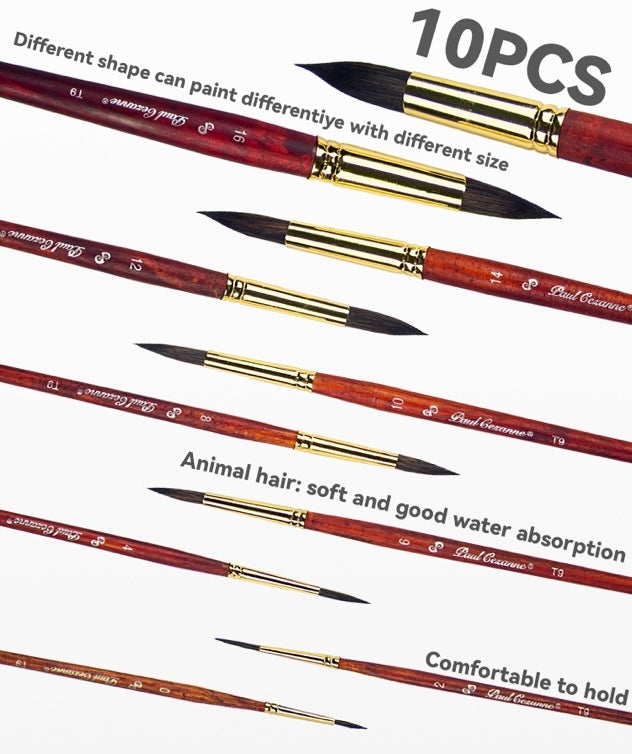 Paul Cezanne High Quality Squirrel Hair Paint Brushes Set (10 pcs) For Watercolour Gouache Ink Painting