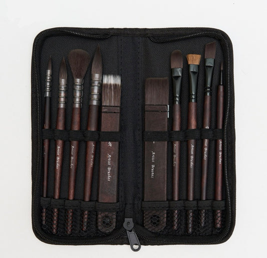 VOUVES ONGS Premium Handmade Artist Brush Set – 10-Piece Mixed Squirrel Hair & Synthetic Watercolour Brushes with Travel Case – Ideal for Watercolour, Gouache & Ink